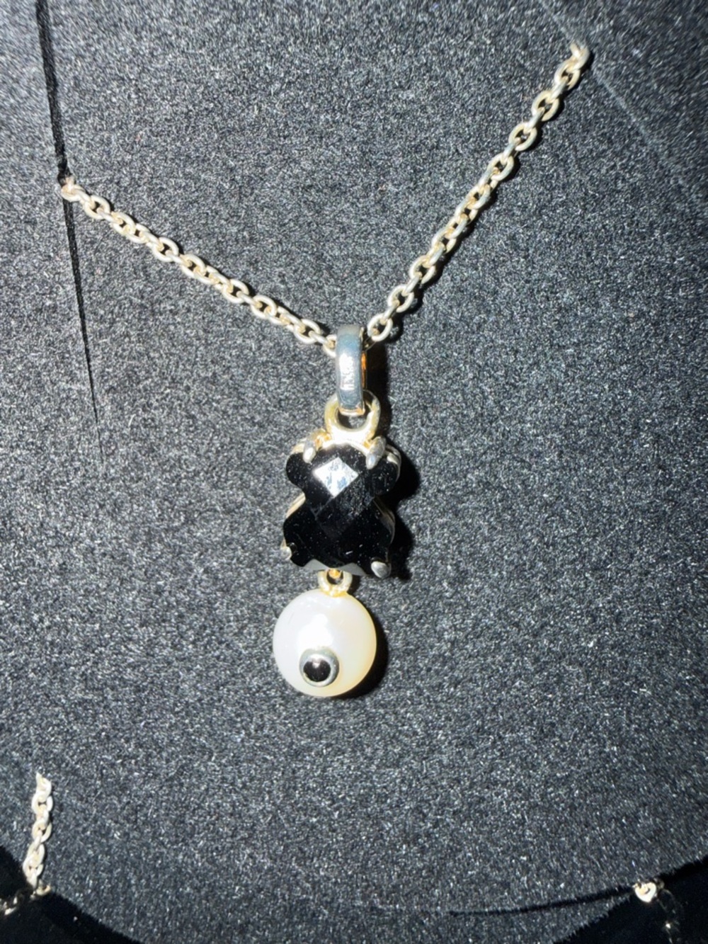 Tous Silver Necklace with Black Onyx Cross and White Pearl Drop